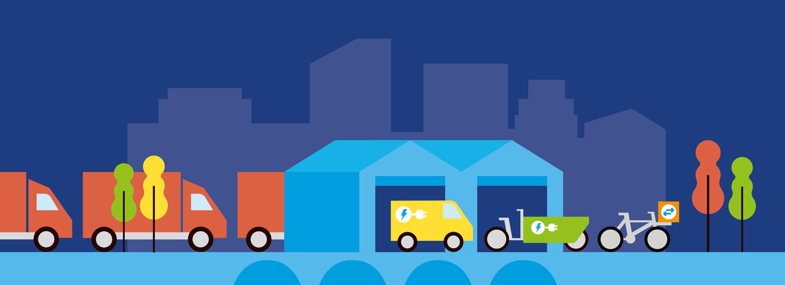 Logistieke hub illustratie met vrachtwagens en elektrische vervoermiddelen bij de hub