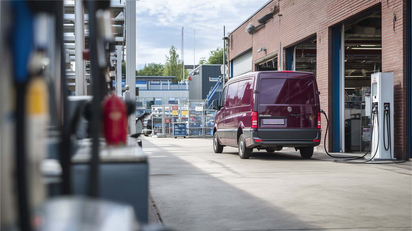 Elektrische bestelauto aan oplaadpaal op bedrijventerrein; beeld is door AI gegenereerd