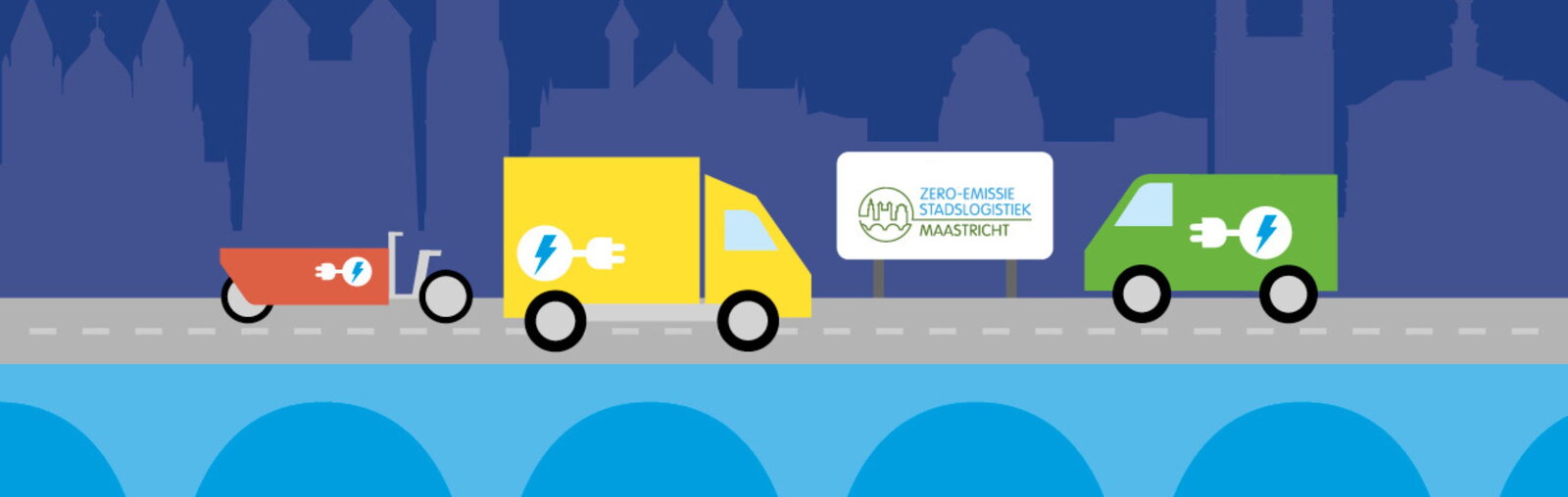 Illustratie van 3 elektrische voertuigen en bord met tekst Zero-emissiezone Maastricht 