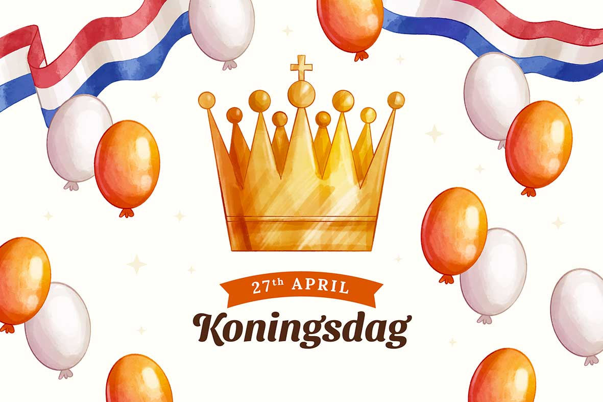 Koningsdag kroon met ballonnen en Nederlandse vlaggen
