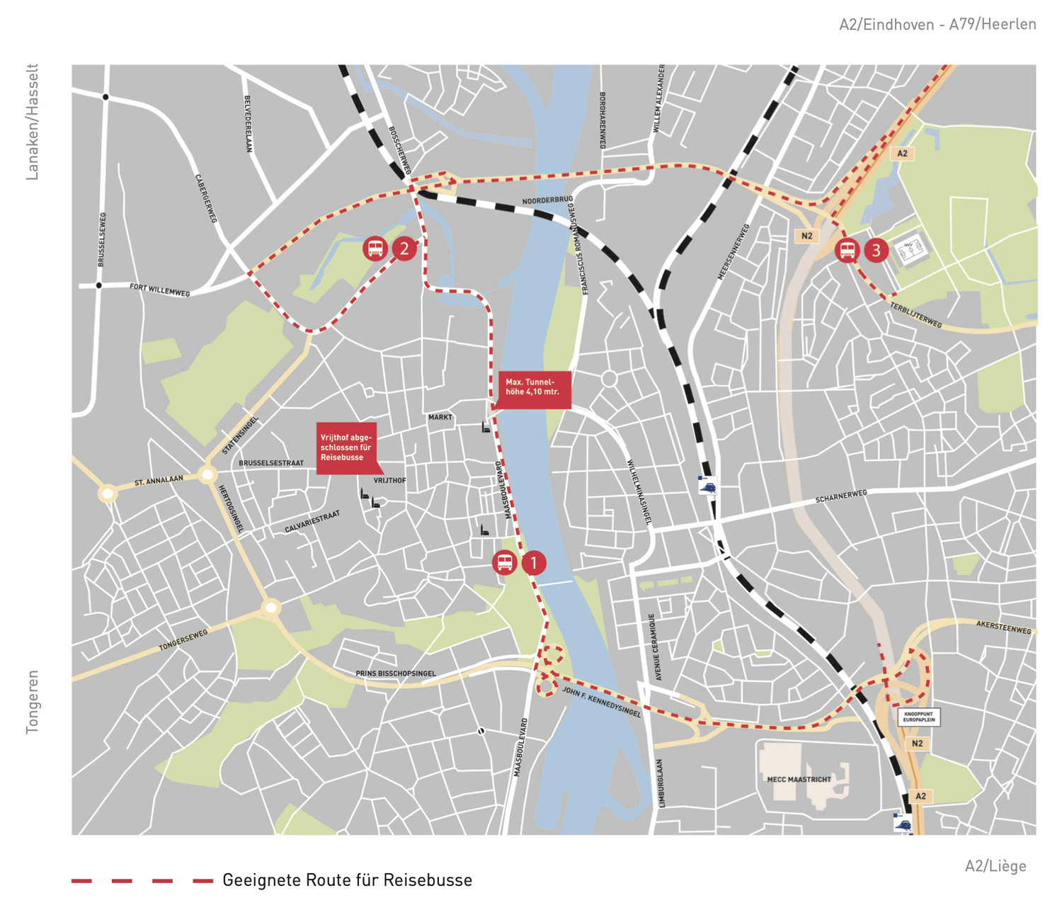 Karte von Maastricht mit der Route für Reisebusse zu den Ein- und Ausstiegshaltestellen Maasboulevard (1) und Frontenpark (2) sowie dem Parkplatz bei Geusselt (3). Das Vrijthof ist für Reisebusse gesperrt, und die maximale Tunnelhöhe des Maasboulevardtunnels am Mosae Forum beträgt 4,10 Meter.