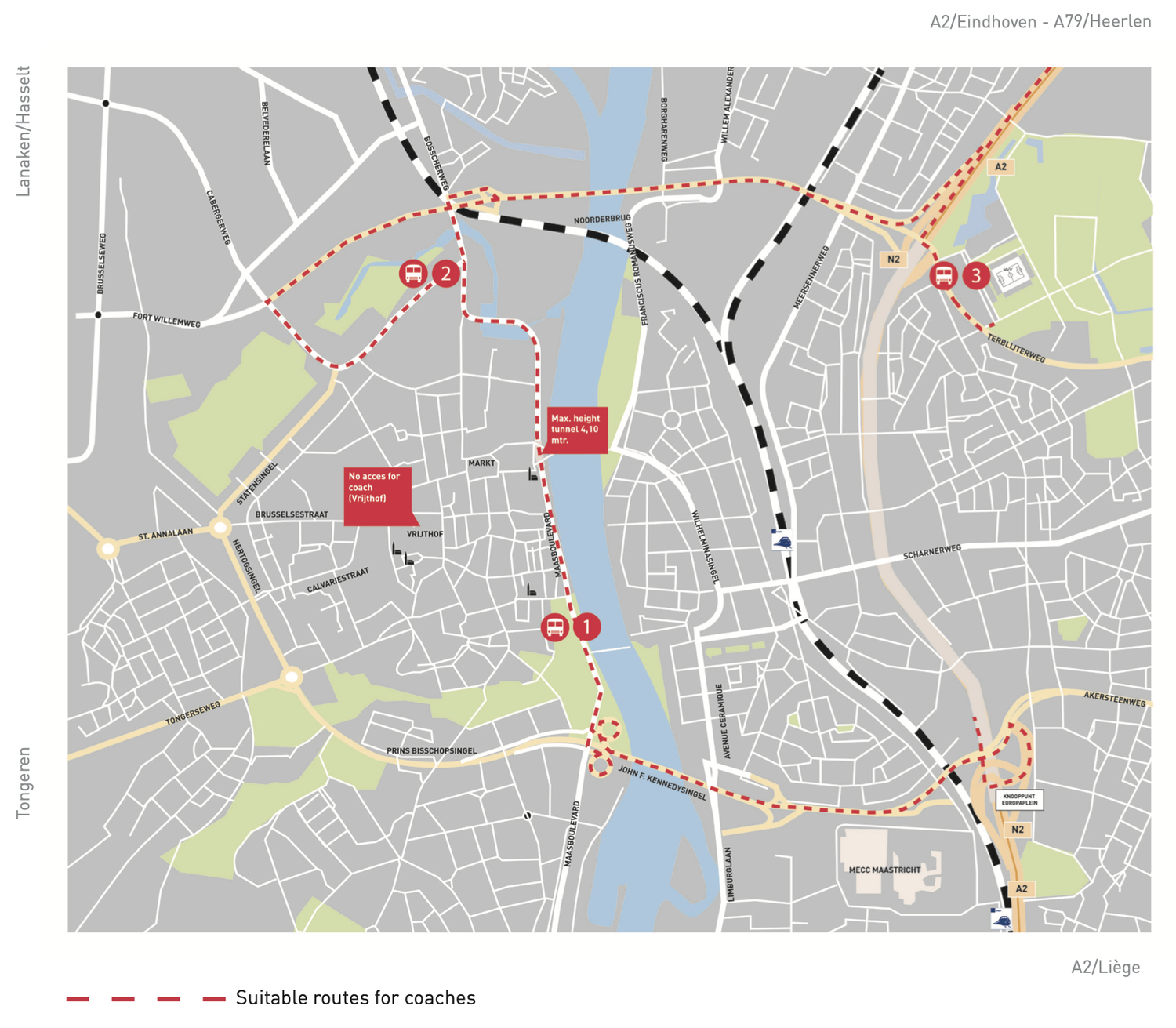 Map of Maastricht with a route for tour buses to the boarding and alighting stops at Maasboulevard (1) and Frontenpark (2), and the parking location at Geusselt (3). Vrijthof is closed to touring buses, and the maximum tunnel height at Maasboulevard Tunnel near Mosae Forum is 4.10 meters.