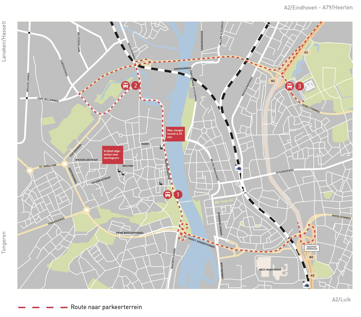 Kaart Maastricht met route voor touringbussen naar de op- en uitstaphales Maasboulevard (1) en Frontenpark(2) en parkeerlocatie bij Geusselt (3). Vrijthof afgesloten voor touringcars en max. tunnelhoogte Maasboulevardtunnel bij Mosae Forum is 4,10 meter