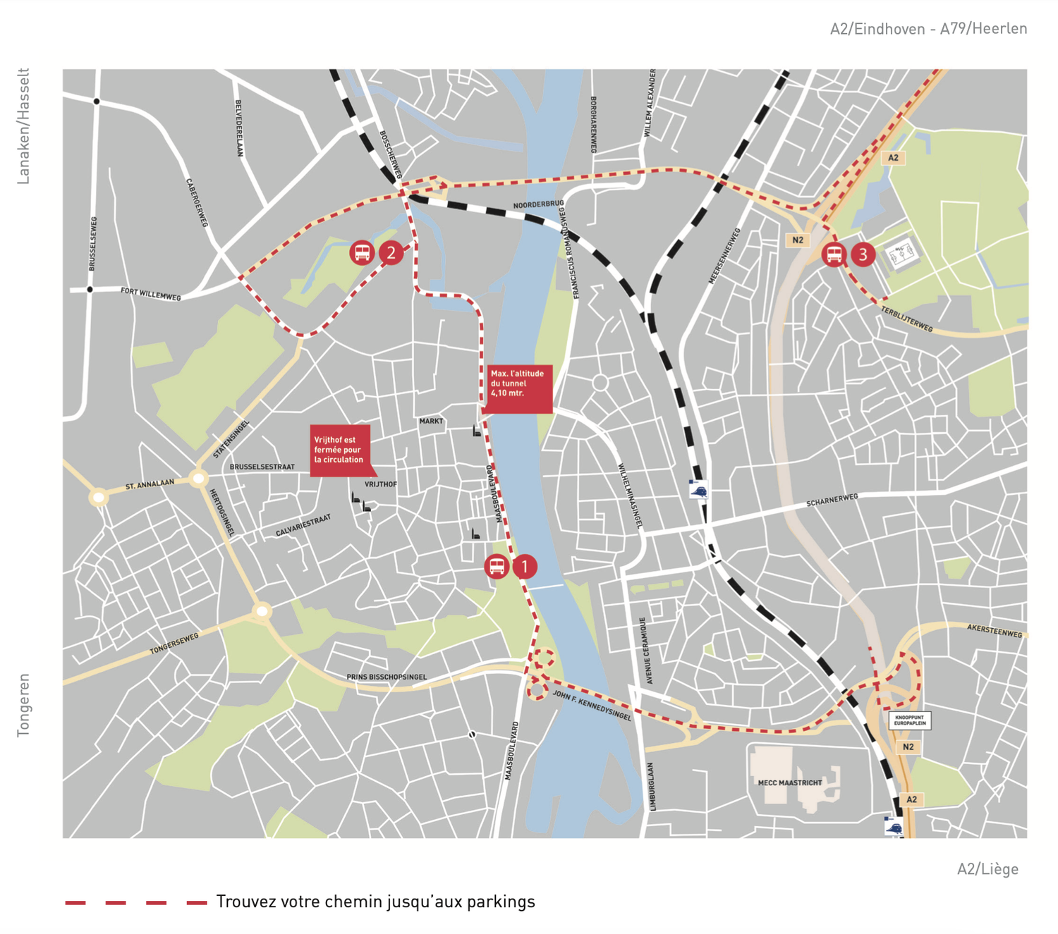 Plan de Maastricht avec l'itinéraire pour les autocars touristiques vers les arrêts d'embarquement et de débarquement à Maasboulevard (1) et Frontenpark (2), ainsi que l'emplacement de stationnement à Geusselt (3). Le Vrijthof est fermé aux autocars touristiques, et la hauteur maximale du tunnel du Maasboulevard au Mosae Forum est de 4,10 mètres.