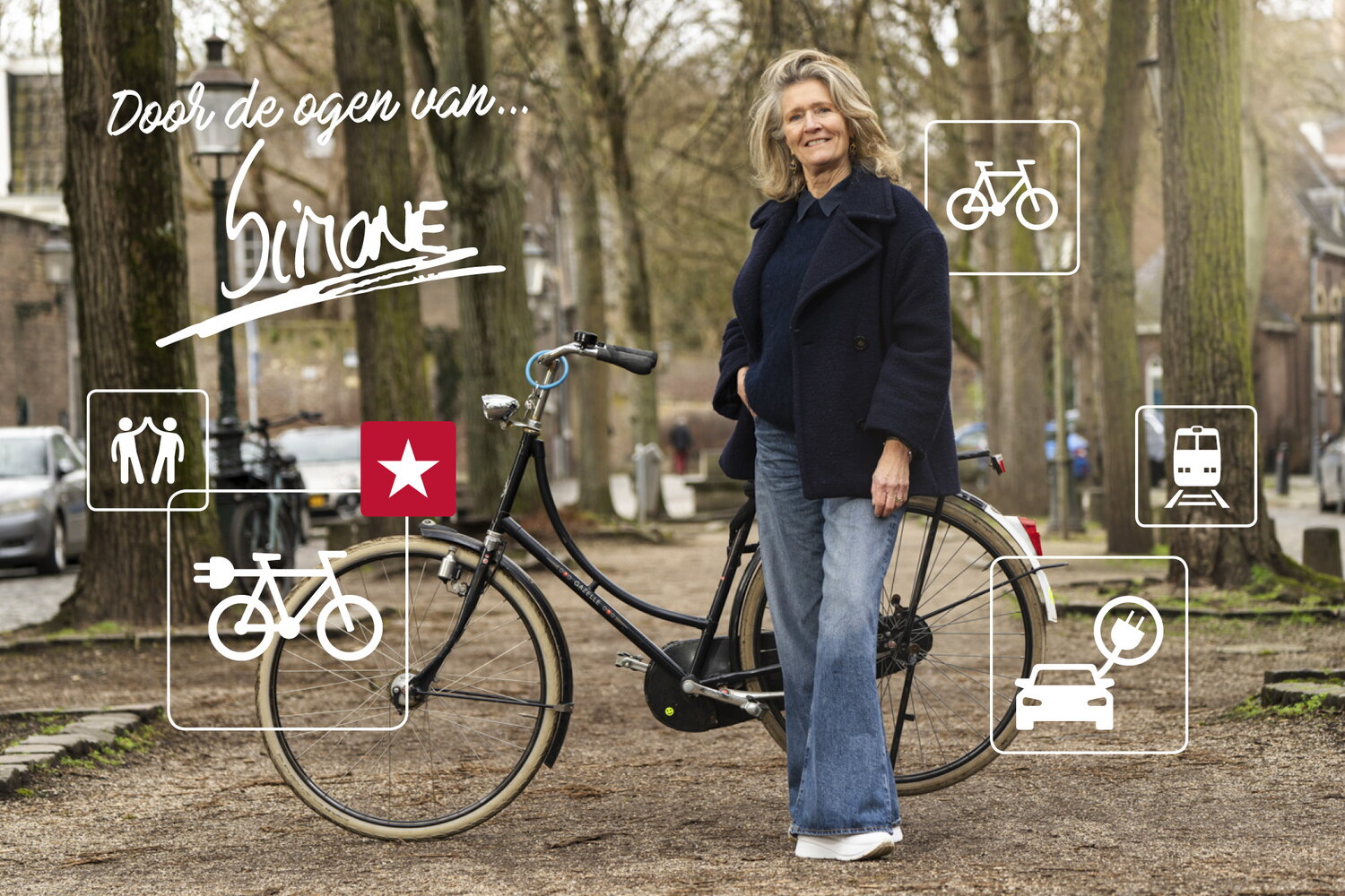 Simone van Trier op de fiets. Tekst: Door de ogen van Simone. Icoontjes van een fiets, wandelaars, elektrische auto, trein en het beeldmerk van Maastricht (een ster) staan in de foto afgebeeld.