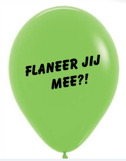 Een groene ballon met de tekst Flaneer jij mee?!