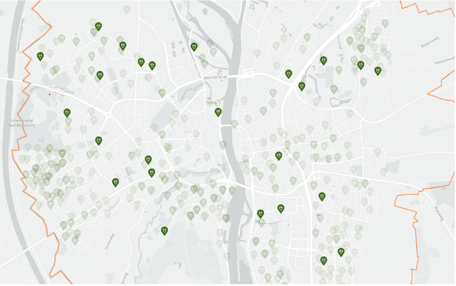 Kaart van Maastricht met daarop groene puntjes die laadpunten aangeven