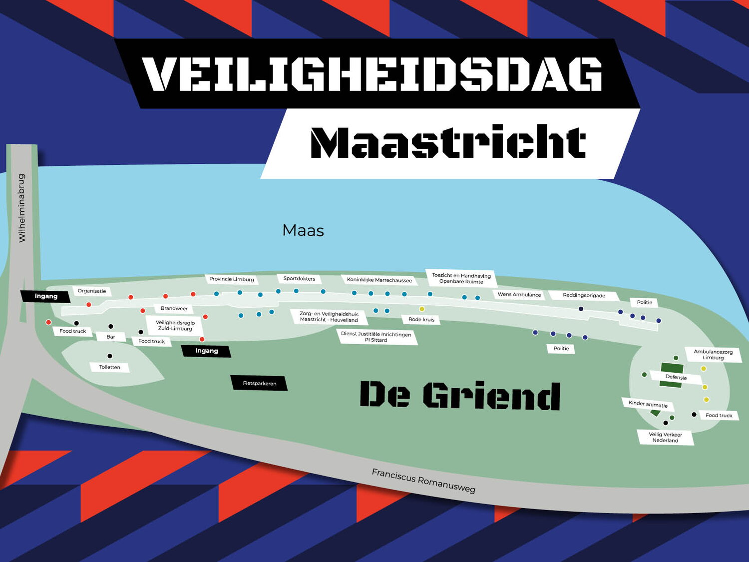 Plattegrond met alle organisaties en hun standplaats tijdens de Veiligheidsdag 3 oktober 2026 in Maastricht
