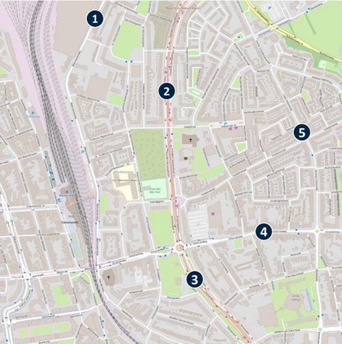 Kaartje met locaties waarop verkeerstellingen en snelheidscontroles zijn gehouden op de groene loper. 1. Meerssenerweg, 2. President Rooseveltlaan, 3. Oranjeplein, 4. Scharnerweg, 5. Czaar Peterstraat