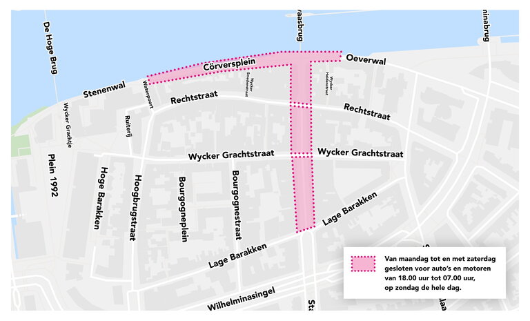 Plattegrond Autoluw Wyck - welke straten maken deel uit van de autovrije pilot. De pilot geldt voor het deel van de Wycker Brugstraat tussen de Sint Servaasbrug en de Lage Barakken. Deze straat kruist 2 andere straten: de Rechtstraat en de Wycker Grachtstraat.